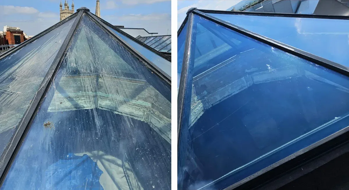 Before and after high-level window cleaning on a Birmingham commercial building